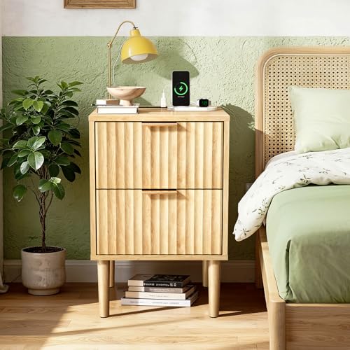 VINGLI Nightstand with Charging Station, Fluted Nightstand with Drawers, Wood Night Stand for Bedroom, Fluted Bedside Table/End Table/Side Table, Oak, 15.75" W*15.55" D*23.62" H - color: Oak, size: 15.7"W-2 Drawer