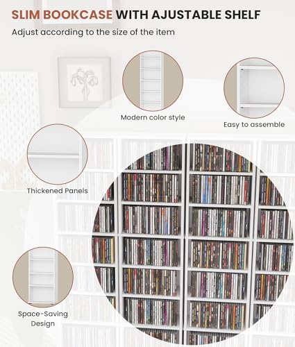 CD Tower Storage Rack, 8-Tier CD Storage Shelf with Adjustable Shelves DVD Stand Tower for Living Room Bedroom Office, White
