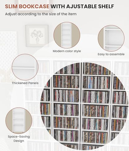 CD Tower Storage Rack, 8-Tier CD Storage Shelf with Adjustable Shelves DVD Stand Tower for Living Room Bedroom Office, White
