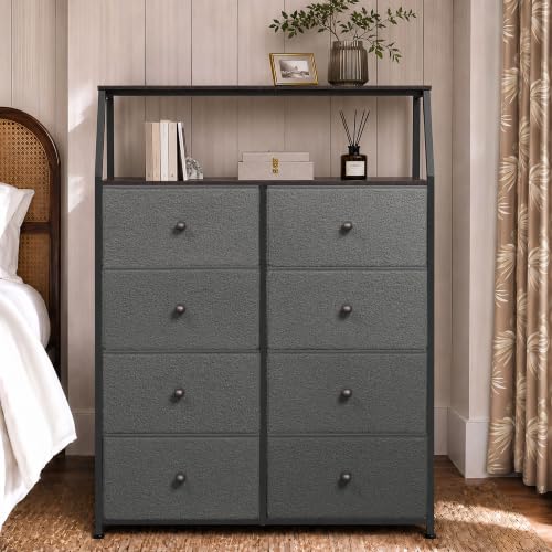 WLIVE Bouclé Fabric Dresser for Bedroom, 8 Drawer Storage Tower, Grey | Premium Bouclé Fabric Tall Dresser, Storage Tower with Open Shelf,Easy Assembly Dresser - color: Grey, style: Raised Shelves