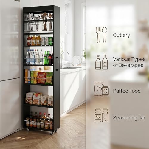7-Tier Slim Mobile Shelving Cart with Wheels, Rolling Pantry with 7 Racks, Narrow Pull-Out Utility Cart, Space Saving Storage Organizer Carts for Kitchen Living Room Bathroom Narrow Spaces, Black - size: Black & 7.87"D x 17.72"W x 70.87"H