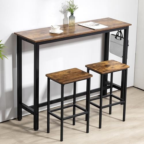 Finnhomy 52.7" Industrial Bar Table Set with 2 Stools - Counter Height Dining & Pub Table for Small Spaces, Kitchen, Apartment, Breakfast Nook - Metal & Wood, Space-Saving Furniture - Rustic Brown - color: Rustic Brown, size: 52.7" Bar Table