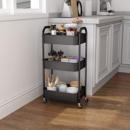 3-Tier Rolling Utility Cart with Caster Wheels,Easy Assembly, for Kitchen, Bathroom (Black) - color: Black, size: 3-Tier Standard Cart