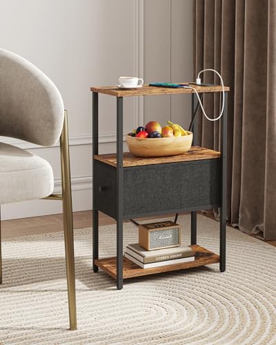 TUTOTAK Small Narrow End Table with Charging Station, Set of 2, Side Table with Outlets, Nightstand with Cloth Drawer, Couch Table, for Living Room, Bedroom, Bedside, Brown and Black TB01BB058K - color: Brown and Black, style: 1 Drawer & Plug