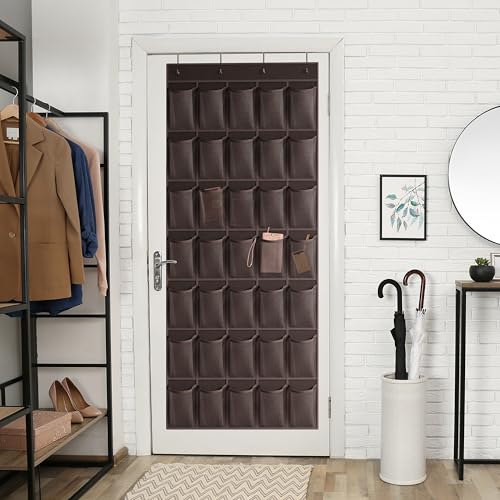 WVM Over the Door Shoe Organizer with 35 Breathable Mesh Pockets, Hanging Shoe Organizer for Door with 4 Metal Hooks, Large Capacity Closet Storage for Shoes, Accessories - style: Coffee