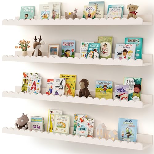 Shario Nursery Book Shelves, 4-Pack White Floating Shelves for Wall Kids, Scalloped Shelves, Wall Book Shelves for Bedroom Kids, Toddler Room, Baby Room, Nursery Decor (White, 36 Inches) - color: White, size: 36 Inches