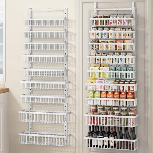 POKIPO 9 Tier Over The Door Pantry Organizer, 2 in 1 Wall Mount or Hanging Spice Rack with Adjustable Deep Basket, Heavy-Duty Seasoning Organizer and Storage for Kitchen Cabinet Closet Bathroom - color: White