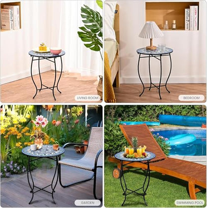 Metal Round Side Table, Weather Resistant Patio Accent Table for Indoor Outdoor Use, Plant Stand for Flower Pots Vase Home Decor, Easy Assemble