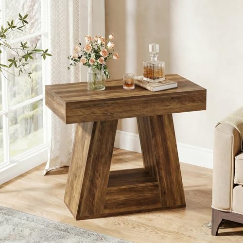 Tribesigns 24" Side Table, Narrow End Table with 2-Tier Storage Shelf, Farmhouse Wooden Nightstand Accent Table with Trapezoid Base for Living Room, Bedroom, Small Spaces, Brown - color: Brown