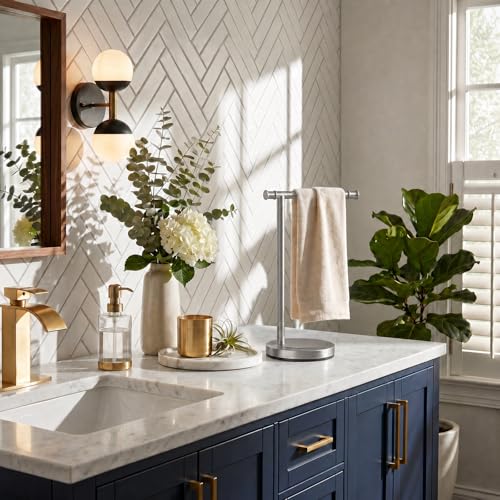Hoimpro 13" Brushed Nickel Stand Hand Towel Holder Bathroom Kitchen Countertop Towel Rack Towel Bar Ring Free Standing Counter T Bath Accessories Freestanding Vanity Sink Hardware Stainless Steel - color: Brushed Nickel