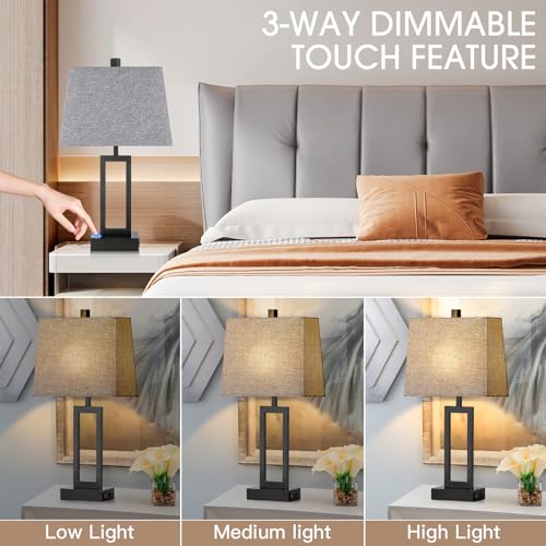 Rinweey 23.5" Touch Control Table Lamps Set of 2, Modern Bedside Lamps with USB A+C Ports & AC Outlet, 3 Way Dimmable Contemporary Nightstand Lamps for Bedroom Living Room Gray(LED Bulb Included) - color: Gray