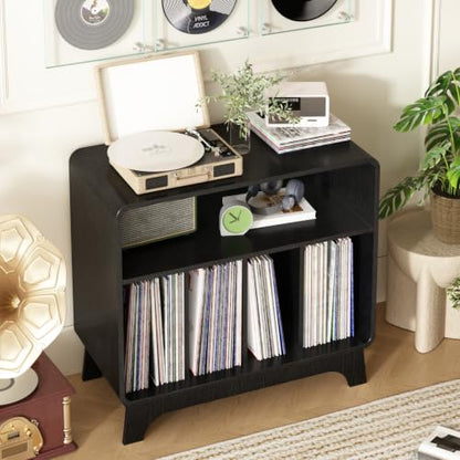 RowyPoey Large Record Player Stand, 31.5" Curved Turntable Stand, Black | Vinyl Record Storage, Mid Century Modern, Wood Record Holder Cabinet, Stereo Media Shelf for Living Room, Bedroom, Office