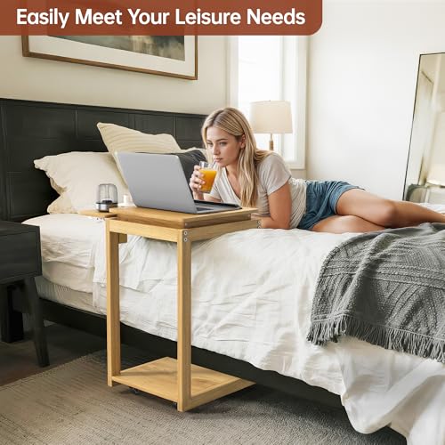 OtterOasis C Shaped End Table for Couch Rolling Side with Wheels Oak | Wood, Desk Tv Tables, with Folding Desktop, Lockable Wheel, with Hidden Storage, for Living Room, Bedroom - color: Oak
