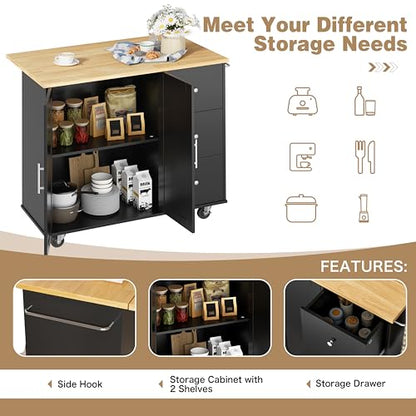 Shintenchi Kitchen Island with Folding Drop Leaf, Rolling Island Table with Storage, Kitchen Cabinet on Wheels with Seating Area for Kitchen, Bar Cart with Cabinet, Black - color: Black