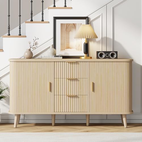 Lulive Natrual Buffet Cabinet, 55" Wide Sideboard Buffet Storage Cabinet with Rolling & Sliding Doors, Modern Bar Cabinet for Kitchen & Dining Room - color: Natrual, size: 55"