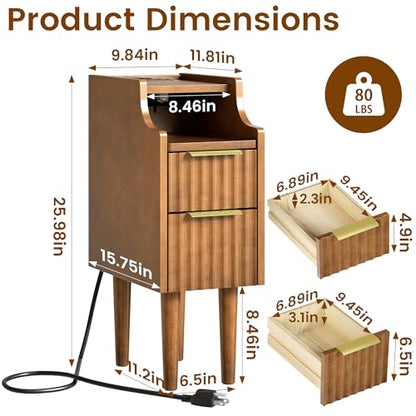 9.7" Narrow Nightstand Set of 2, Solid Wood Nightstand with Charging Station - color: Walnut 2 Pcs