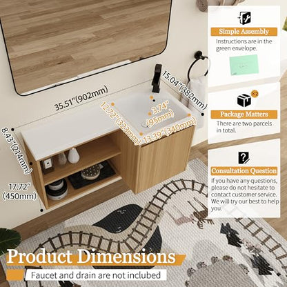 Malwee 36" Corner Floating Bathroom Vanity with Resin Sink, Right Side L-Shaped Wall Mounted Cabinet, Soft Close Door & Open Shelf, Space Saving Vanity for Small Bathroom, Light Brown - size: 36" (Right Sink)