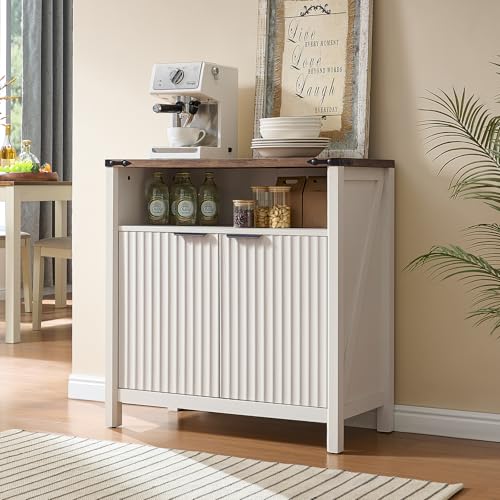 BuildHom 32 Inch Fluted Sideboard Buffet Cabinet with Storage Antique White | Coffee Bar Cabinet with Open Shelf and 5-Level Adjustable Shelves, Farmhouse Storage Cabinet for Kitchen and Dining Room - color: Antique White
