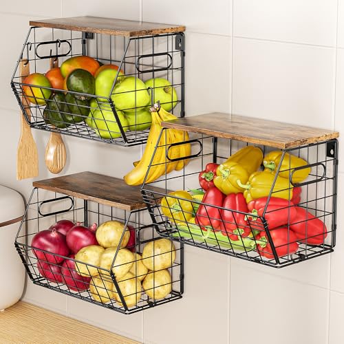 Delamu Stackable Metal Fruit Basket with Wood Lid 3 Pack, Hanging Wall Organizer for Kitchen Counter, Pantry Storage for Onions, Potatoes, Garli, Fruits, Spices, Black - size: 3 Pack
