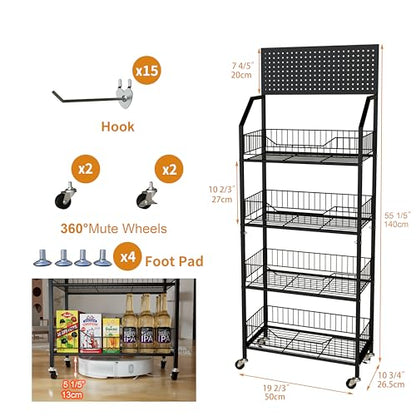 4 Tier Supermaket Storage Rack, Snack Rack Display Stand, Retail Display Organizer Stand with Hooks & Wheels, Metal Snack Shelf for Store Home Kitchen, Black Chip Rack Display Stand (4 Tier) - size: 4 Tier（19.7inch）