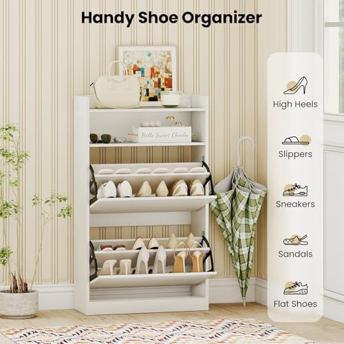 Giantex Shoe Cabinet with 2 Flip Drawers, Freestanding Narrow Shoe Organizer Cabinet with 2 Open Shelves, Slim Shoe Storage Cabinet for Entryway, Hallway, Foyer, White