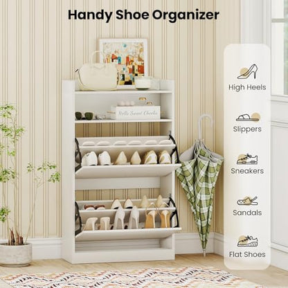 Giantex Shoe Cabinet with 2 Flip Drawers, Freestanding Narrow Shoe Organizer Cabinet with 2 Open Shelves, Slim Shoe Storage Cabinet for Entryway, Hallway, Foyer, White