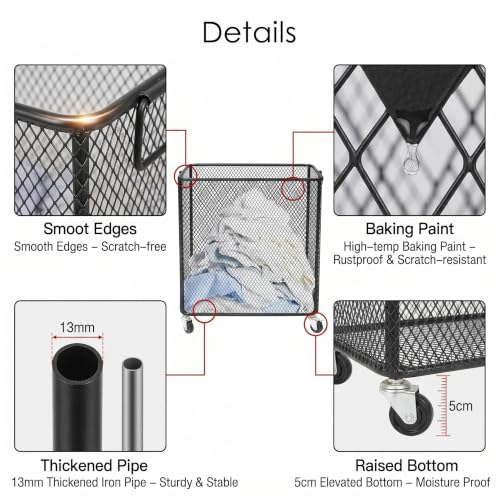 Metal Laundry Basket Cart, Rolling Laundry Hamper with Wheels, Freestanding Square Mobile Storage Cart, Raised Bottom, Round Handles, Hollow Mesh (Black, 16.9x9x17.7in) - color: Black, size: 16.9x9x17.7in
