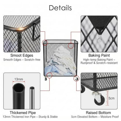 Metal Laundry Basket Cart, Rolling Laundry Hamper with Wheels, Freestanding Square Mobile Storage Cart, Raised Bottom, Round Handles, Hollow Mesh (Black, 16.9x9x17.7in) - color: Black, size: 16.9x9x17.7in