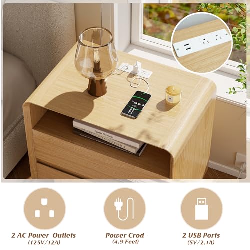 Nasonet Modern Nightstand with Charging Station, Wood End Tables Bedroom Nightstands with Drawers, Wide Curved Bedside Table for Kids Bedroom, Living Room, Oak - color: Oak, size: 2 Drawers