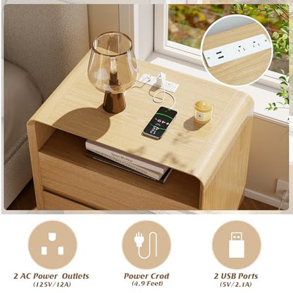 Nasonet Modern Nightstand with Charging Station, Wood End Tables Bedroom Nightstands with Drawers, Wide Curved Bedside Table for Kids Bedroom, Living Room, Oak - color: Oak, size: 2 Drawers