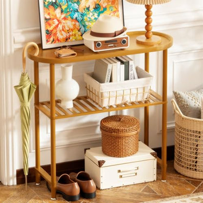 Small Entryway Table Bamboo, Narrow Hallway Table 2-tier, Slim Console Table with Anti-fall Edge, Sofa Side Table 5min Assembly, Small TV Stand, Plant Stand, Walnut, 30.7"L x 11.8"W x 29.7"H - color: Walnut, size: 30.7"L x 11.8"W x 29.7"H
