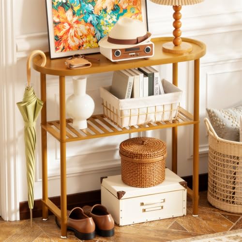 Small Entryway Table Bamboo, Narrow Hallway Table 2-tier, Slim Console Table with Anti-fall Edge, Sofa Side Table 5min Assembly, Small TV Stand, Plant Stand, Walnut, 30.7"L x 11.8"W x 29.7"H - color: Walnut, size: 30.7"L x 11.8"W x 29.7"H