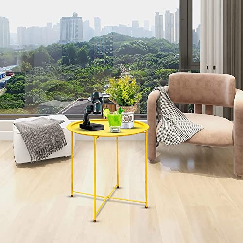 Garden 4 you End Table 2 PCS Metal Side Table Yellow Round Folding Tray Cyan Sofa Small Accent Fold-able Table, Round End Table Tray, Next to Sofa Table, Snack Table for Living Room and Bed Room - color: Yellow