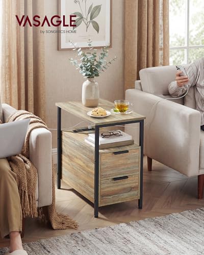 VASAGLE Side End Table with Charging Station, Slim Nightstand with 2 Drawers, Narrow Bedside Table for Living Room, Small Spaces, Turquoise Brown and Ink Black ULET321B60V1S - color: Turquoise Brown + Ink Black, size: 23.6"D x 11.8"W