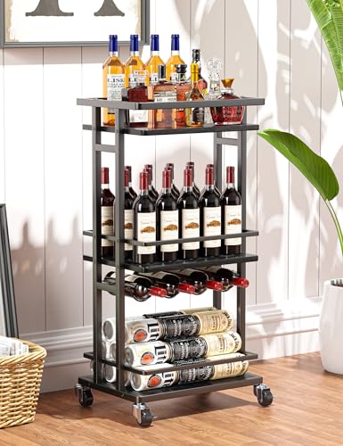 OKZEST 3-Tier Liquor Cabinet with Wine Rack, Mini Bar Cart for Home, Small Liquor Bar Cabinet for Alcohol, Rolling Kitchen Serving Cart on Wheels, Wine Drink Cart for Party, Bar Stand for Small Space - color: Rustic Black, size: 3-Tier (With Wine Rack)