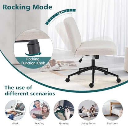 OLIXIS Criss Cross Office Chair, Vanity Chair, Home Office Desk | Wide Seat, Height Adjustable, Comfy Teddy Fleece, Armless No Wheels, Bedroom, Study Room, Beige Wheel Teddy - color: Beige Wheel Teddy