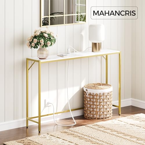 MAHANCRIS Console Table, Narrow Sofa Table, 43.7” Entrance Table with Power Station, Behind Couch Table, Simple Style, for Living Room, Hallway, Entryway, Foyer, Marble and Gold CTJM112E01 - color: Marble, Gold