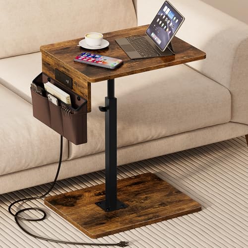 Sofa Armrest Tray Table for Couch - 360° Swivel Height Adjustable Side Table for Small Spaces, Snack Side Table for Bed or Chair, C Shaped End Table Snack Table for Eating Dinner Laptop - color: Rustic Brown, style: With Plug+Storage Bag