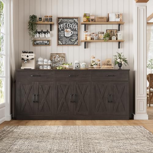 HOSTACK 71"W Farmhouse Kitchen Sideboard Buffet Cabinet with Storage, Brown | Large Coffee Bar Cabinet with 3 Wide Drawers, Long Buffet Table with Shelves, Kitchen Storage Cabinet for Dining Room - color: Dark Brown