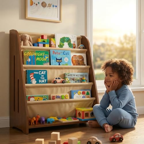 Perugina Wood Kids Bookshelf 5Tier(WalnutPattern) | DutchDesign Montessori Nursery Toddler Baby Book Shelf kidsroom - color: Redwalnutwood Grainpattern