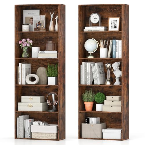 GIANTEX 5-Tier Bookshelf Set of 2, Freestanding Bookcase with 5 Open Shelf, Modern Display Shelf, Storage Organizer for Living Room Bedroom Home Office, Rustic Brown - color: Rustic Brown, size: 24" x 9.5" x 67" (2 Pack)