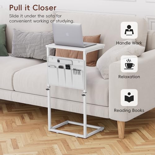 Vagusicc C Shaped End Table, 33" Tall Side Table for Couch, Adjustable Height Small Couch Side Table for Small Spaces, C Table End Table Slide Under Sofa Table TV Tray for Living Room Bedroom, White - color: White