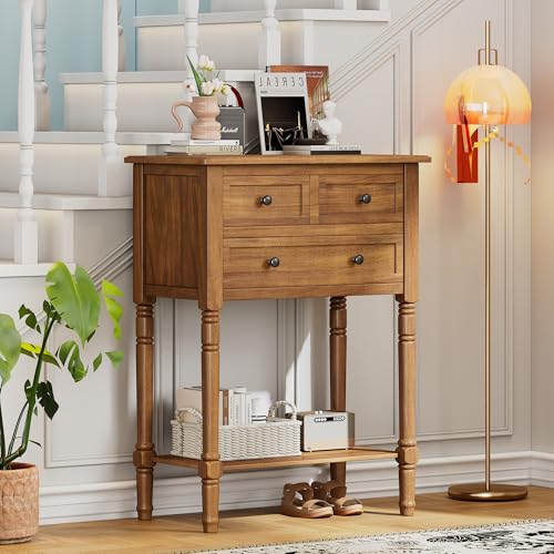 GDFStudio Narrow Console Table - Slim Sofa Tables with 3 Storage Drawers & Bottom Shelf,Solid Wood Frame,Distressed Finish - Accent Table for Living Room,Hallway,Small Spaces,Entryway,23.7" Natural - color: Natural