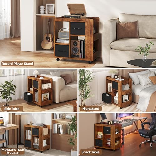 Yaheetech Narrow Side Table with Storage, Wooden Rolling Nightstand Bedside Table with Wheels, Magazine Racks and Open Shelves, End Table with Drawers for Living Room Bedroom, Rustic Brown - color: Rustic Brown
