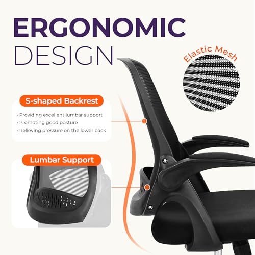 NEO CHAIR Office Desk Chair Computer Gaming Ergonomic Lumbar Back Support with Flip-up Padded Armrest Adjustable Height and Wheels for Home Vanity Bedroom Study (All Black) - color: All Black
