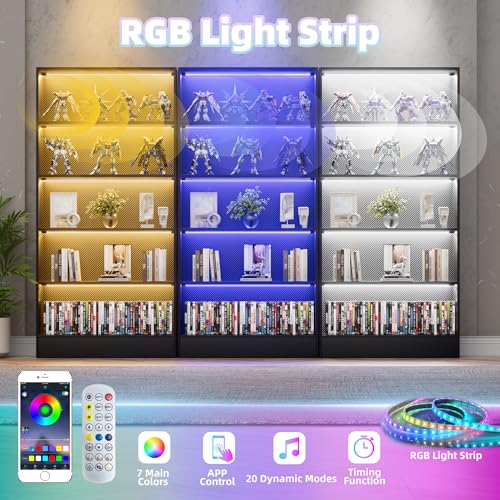 CODACE Tall Wooden 5-Tier Black Bookshelf - Display Cabinet with LED Lights | Lighted Book Shelves, Display Case for Collectibles, Manga ,Figures, Modern Bookcase for Bedroom, Living Room, Gaming room - size: 5 Tiers - 10.2"D x 27.5"W x 65"H