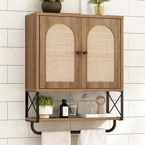 RUSTOWN Rattan Bathroom Wall Cabinet, Boho Over The Toilet Storage Cabinet with Arched Rattan Doors, Modern Medicine Cabinet with Adjustable Shelves & Towel Bar, Bathroom Organizer(Rustic Oak, Medium) - color: Natural Oak, size: Medium