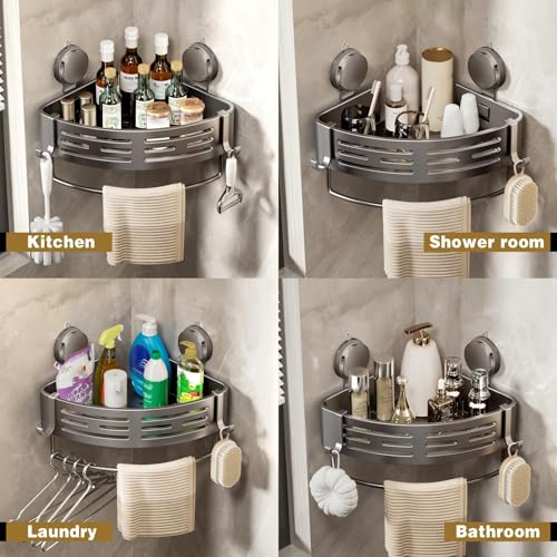 Corner Shower Caddy Suction Cup Shower Shelf Corner No Drilling Bathroom Shower Organizer Storage Rack Adhesive with Towel Bar Hooks (2-Pack,Gray)