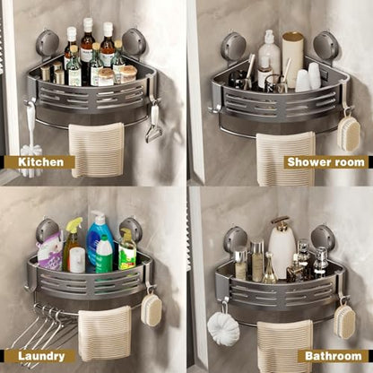 Corner Shower Caddy Suction Cup Shower Shelf Corner No Drilling Bathroom Shower Organizer Storage Rack Adhesive with Towel Bar Hooks (2-Pack,Gray)