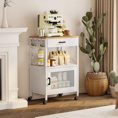 Homeiju Kitchen Island Cart, Kitchen Storage Cart with Drawer, Microwaves Stand, Coffee Cart, Rolling Kitchen Cabinet Cart with Hooks for Kitchen, Dining Room, White - color: White
